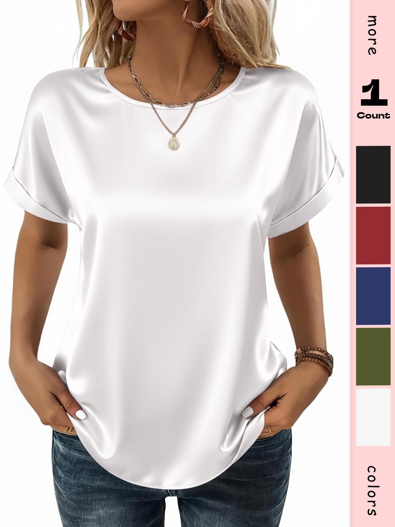 Women's Satin Shirt, Business Casual Short Sleeve Top, Round Neck T-Shirt, Silk Blouse, Summer Clothing, Fashionable and Comfortable