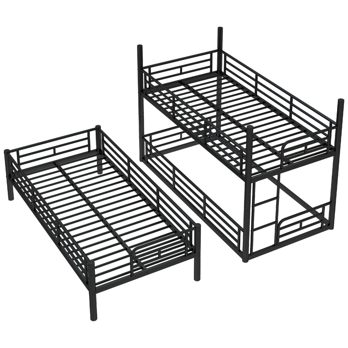 Twin/Queen Triple Bunk Bed, Metal Triple Bunk Bed with Safety Guardrails, Heavy-Duty Bunk Bed with Noise-Reduced Design – Black/White