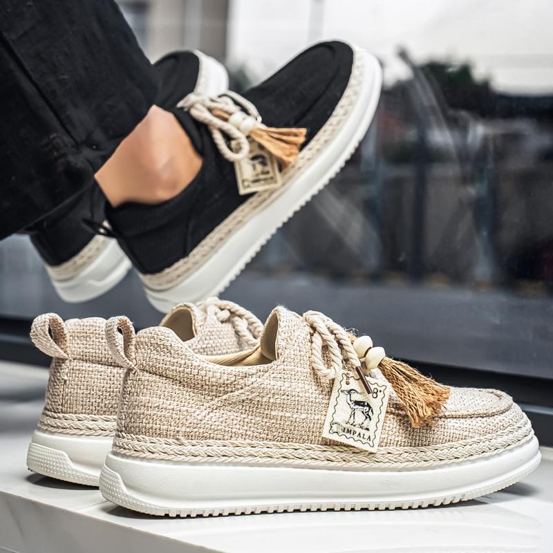 New Summer Men's Cotton Linen Shoes, Breathable Non-Stuffy, Straw Trim Fringe Design, Casual Retro Style, Perfect for Daily Wear