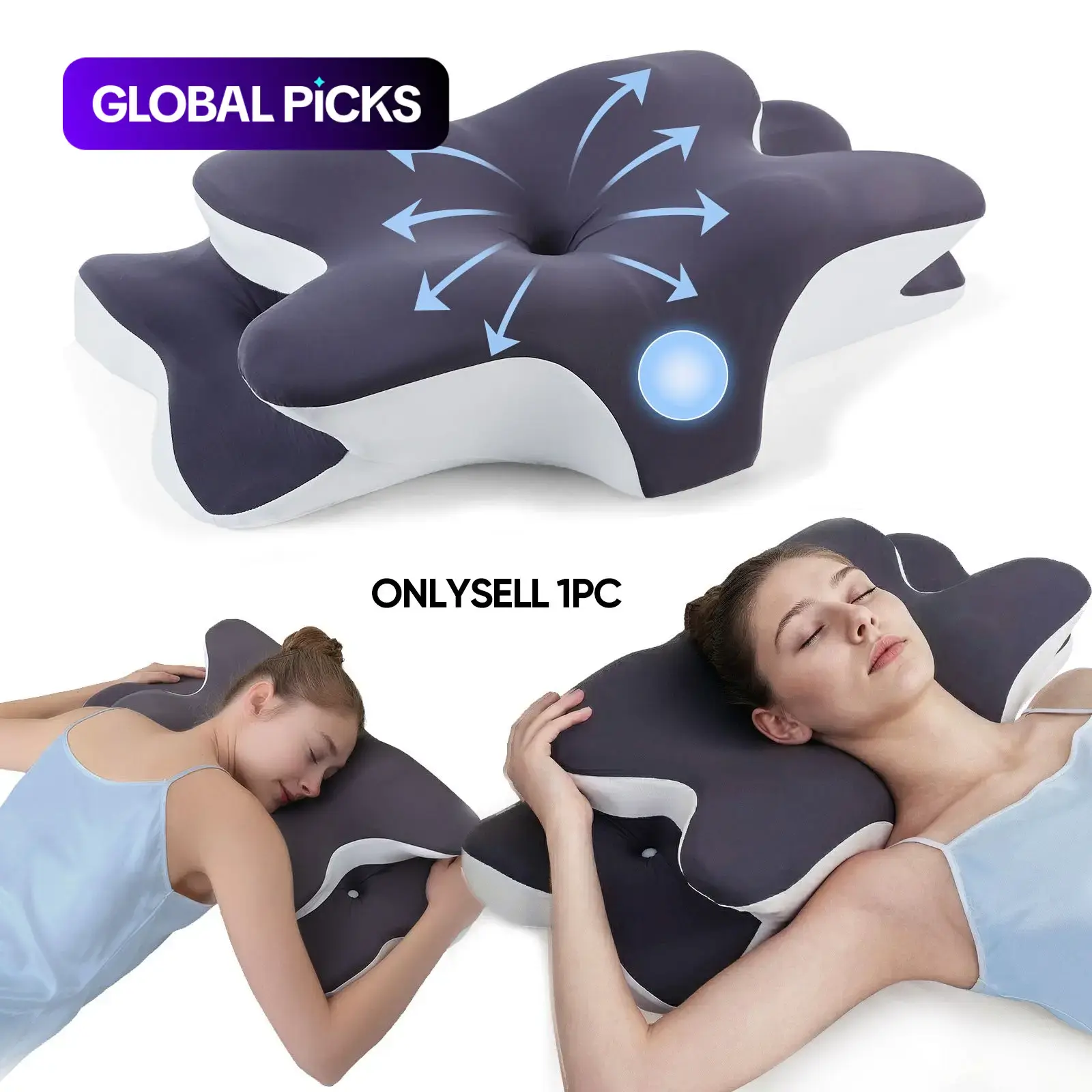 Supportive Ergonomic Cooling Contoured Memory Foam Neck Pillow, Zoned Contour Pillow for Side, Back and Stomach Sleepers with Washable Breathable Queen-Size Pillowcase #GLOBAL PICKS