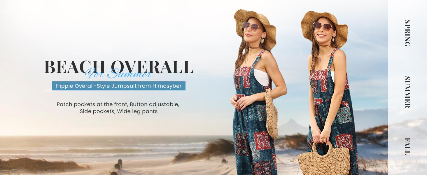 Yeokou Women's Patchwork Dual Pocket Jumpsuit Loose Floral Print Bohemian Wide Leg Bib Overall