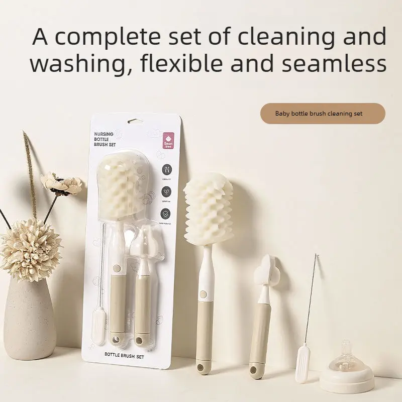 Neutral Tone Multi-Head Flexible Bottle Cleaning Brush Set, Ergonomic Comfort Grip Handle, Flexible Heads for Baby Bottles, Deep Gap Kitchen Gadget