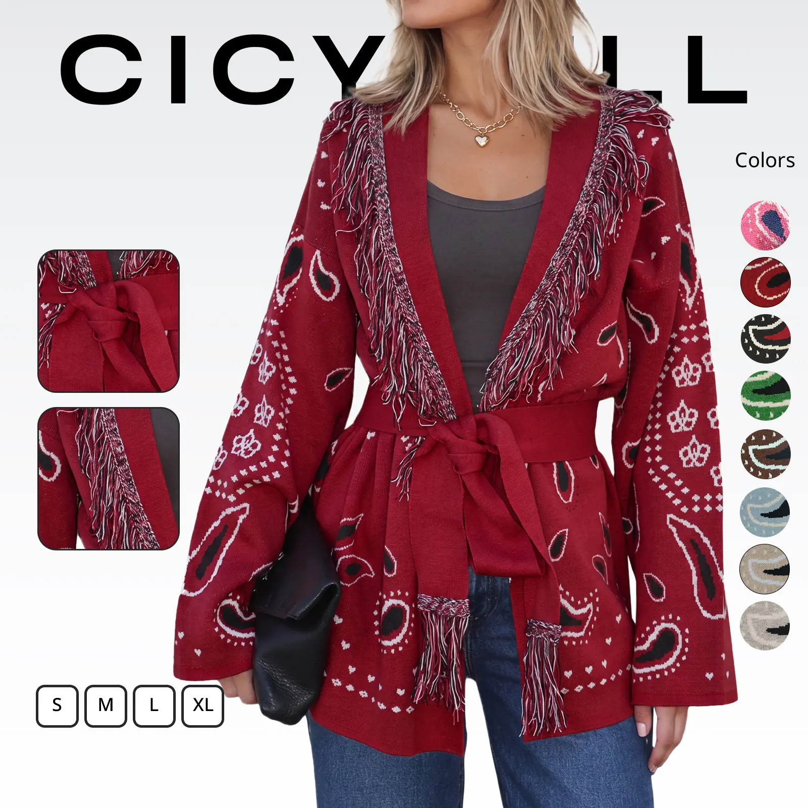 Cicy Bell Womens Cardigan Sweater Long Sleeve Fringe V Neck Printed Open Front Boho Patchwork Bleted Knit Coats Cicy Bell Womens Cardigan Sweater Long Sleeve Fringe V Neck Printed Open Front Boho Patchwork Bleted Knit Coats