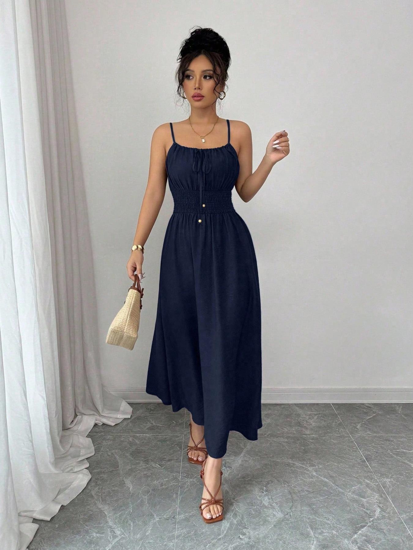 A women's fashionable and high-end French gentle style waist cinching spaghetti strap camisole dress with lace up bead design, suitable for summer, beach wear, dates, dinners, and travel Straps Summer Dress