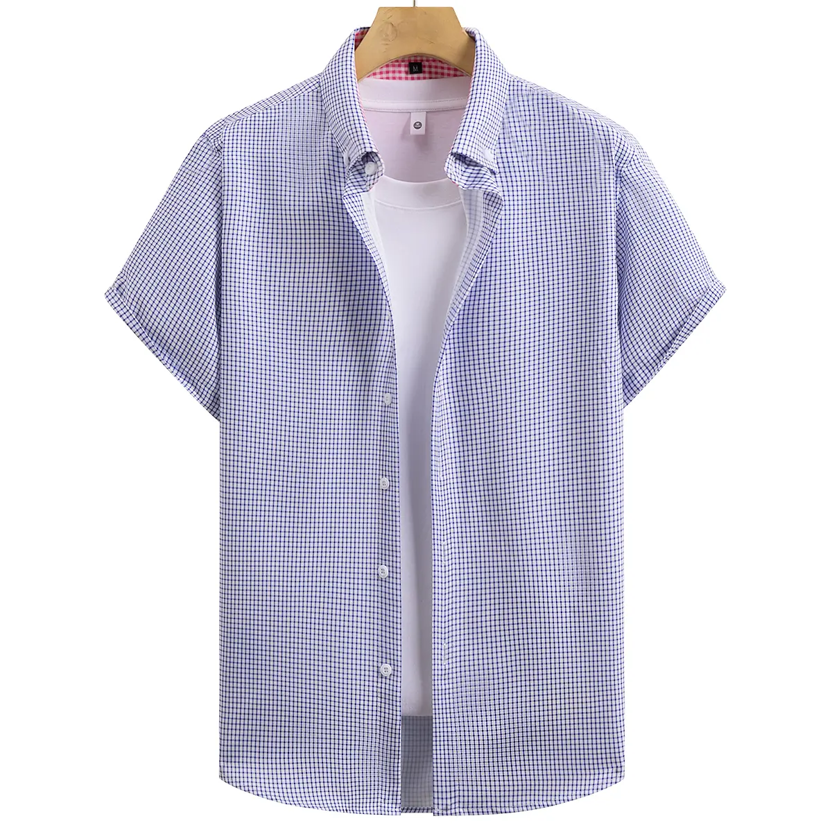 Men's short sleeved plaid lapel button up shirt, classic lapel version, loose casual plaid top suitable for commuting to work and summer outings.