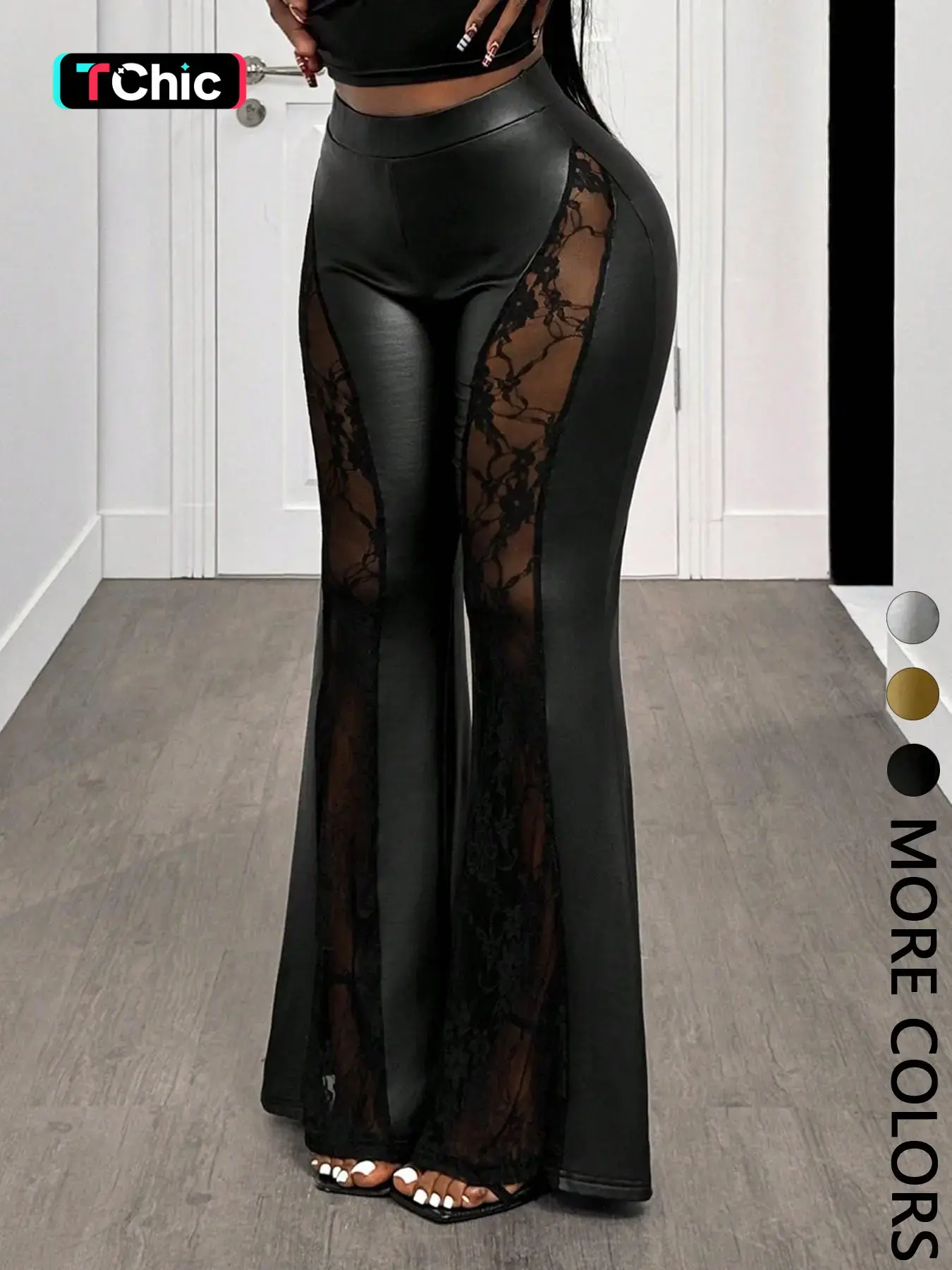 1 High Waist Lace Sheer Panel Leather Flare Pants Women | Stretchy Bodycon Bell Bottom Pants | Nightclub Party Baddie Wear | Gothic Y2K Streetwear