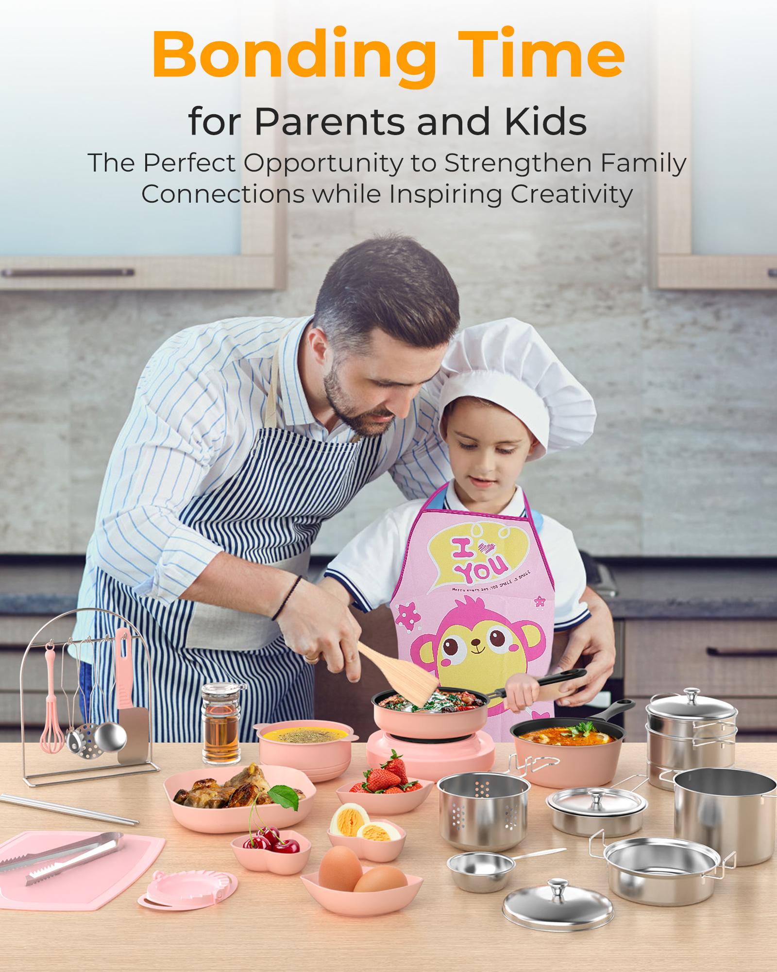 Real Kids Cooking Set Ages 8–12 (Pink/Blue) – Mini Kitchen Beginner Cooking Kit, Montessori Life Skills Toy Gift w/ Safe Knife, Dishes & Tools