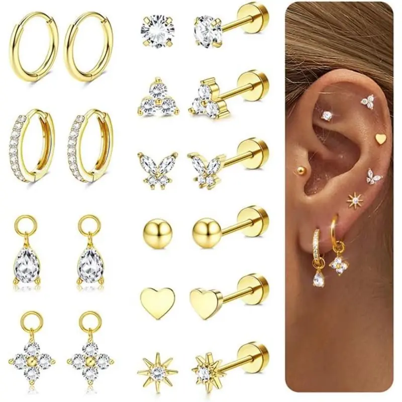CASSIECA Stud Earrings Stack 14K Gold Plated/Silver Surgical Steel, Hypoallergenic Flatback Cartilage Earrings with Charms, Non Tarnish Multiple Piercing Jewelry for Women with Sensitive Ears Sohochic