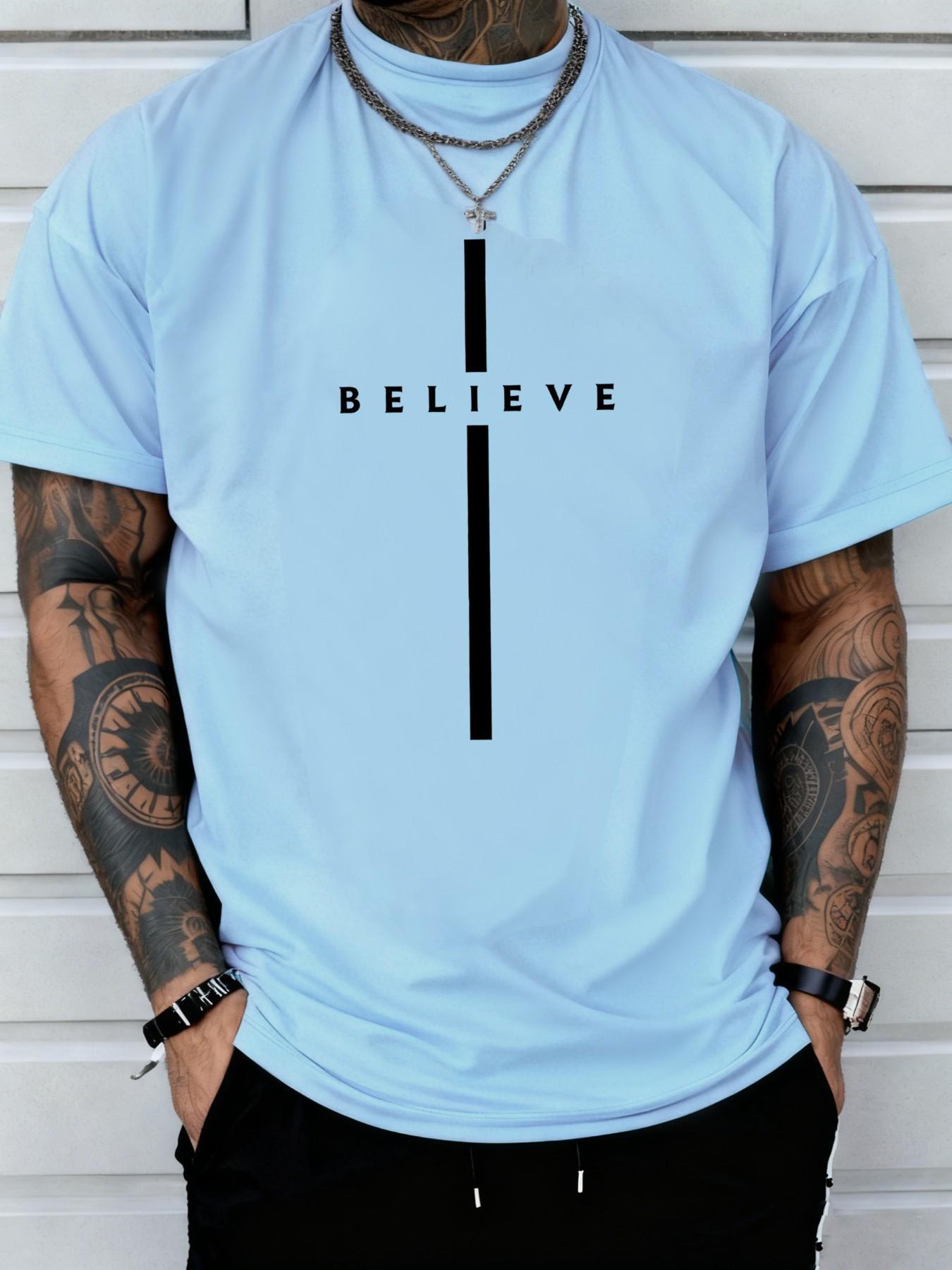 Men's "Believe" Vertical Cross Graphic T-Shirt, Christian Faith Casual Streetwear, Religious Minimalist Short Sleeve Top #ChristianApparel #FaithWear #ReligiousTee #MinimalistFashion #TikTokMadeMeBuyIt
