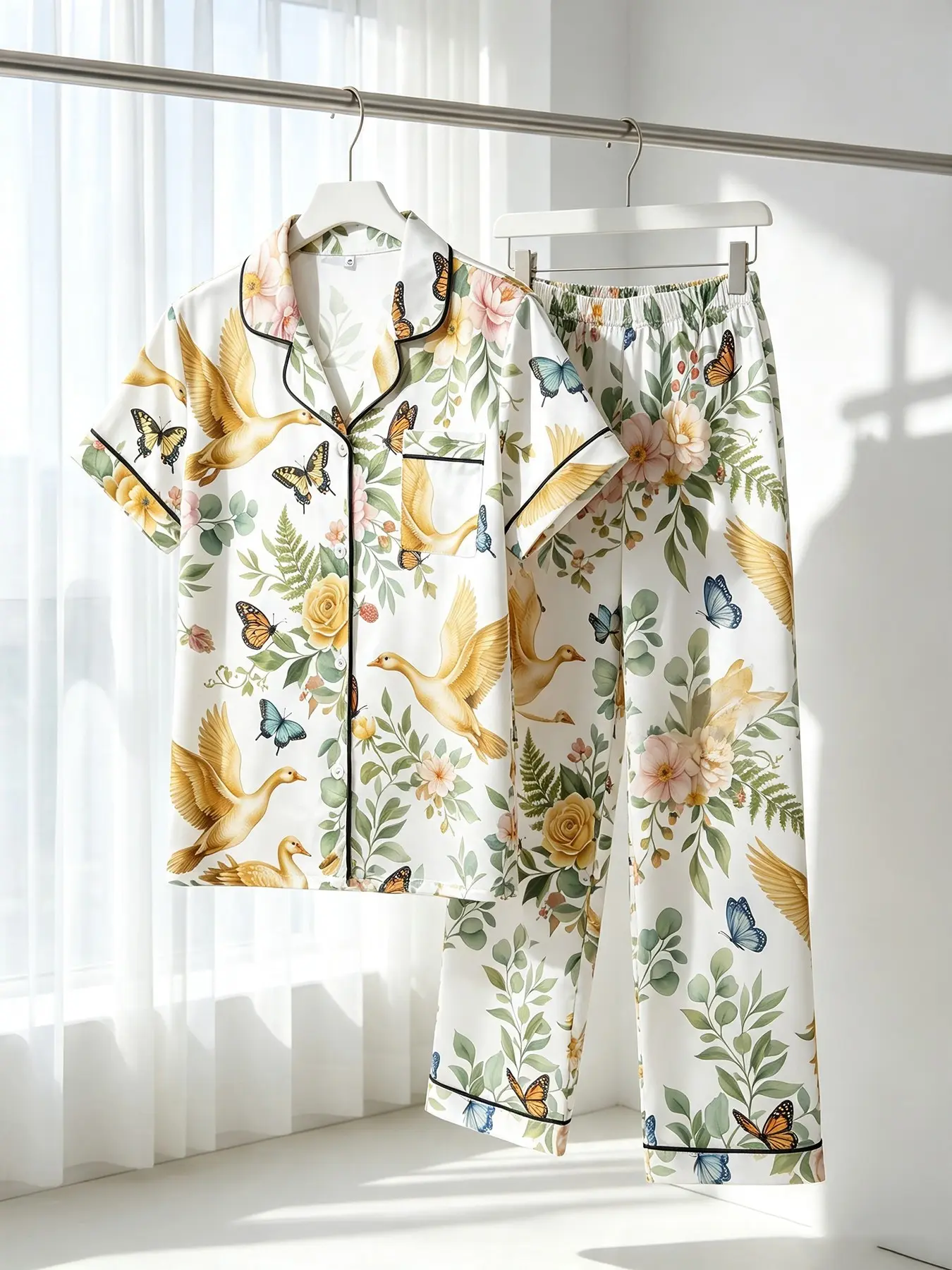 Women's 2-Piece Button Pajama Set, Vintage Bird Butterfly Floral Print, Black Trim, Front Pocket, Elastic Waist, All Season Wear, Cozy Pastoral Home Loungewear, All Over Print