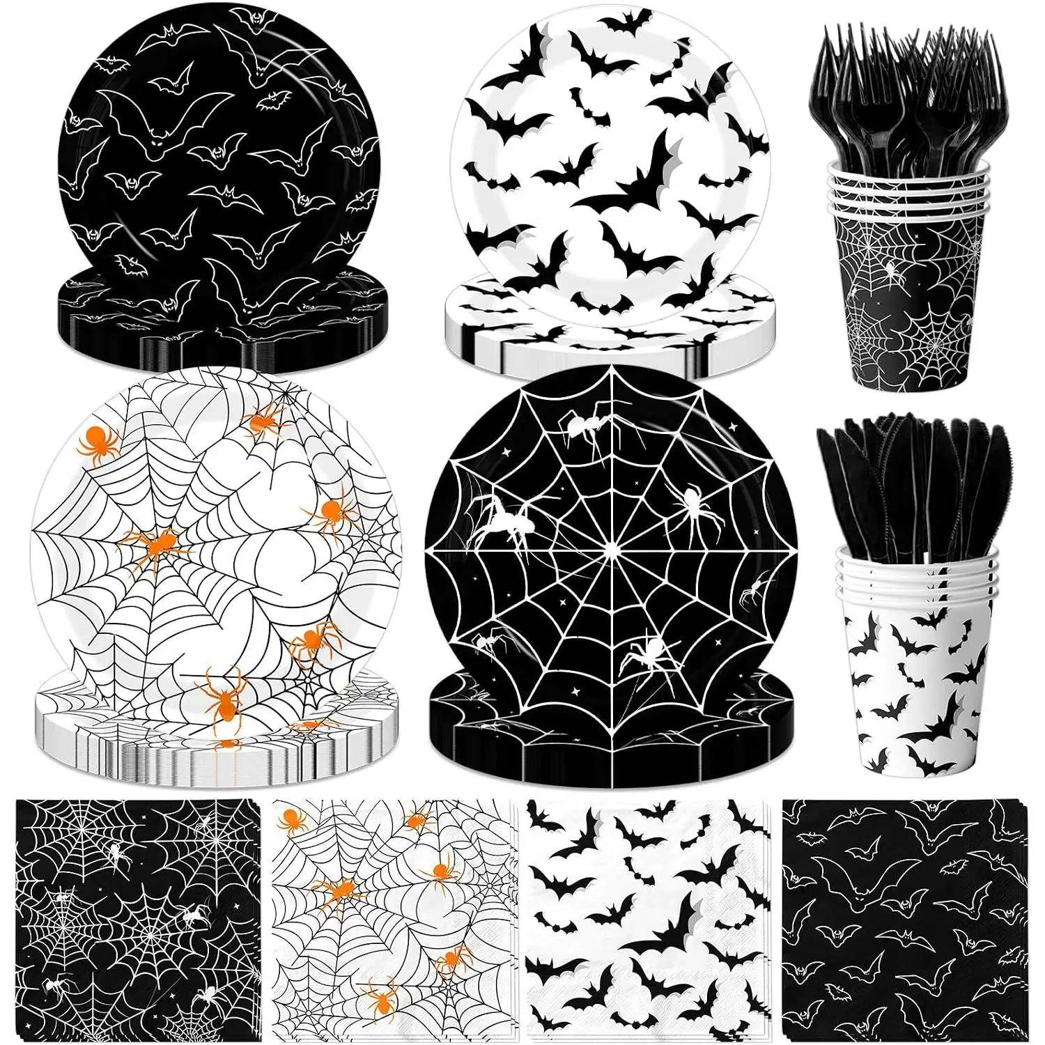 Halloween Party Tableware,144pcs Halloween Paper Plates and Napkins Cups Black and White Bat Spider Web Plates Decorations for Spooky Party Decorations,Serves 24