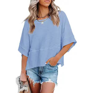 Imily Bela Women's Summer Casual Crewneck 3/4 Sleeve T Shirts Solid Color Loose Fit Cute Basic Tops Tees Blouses