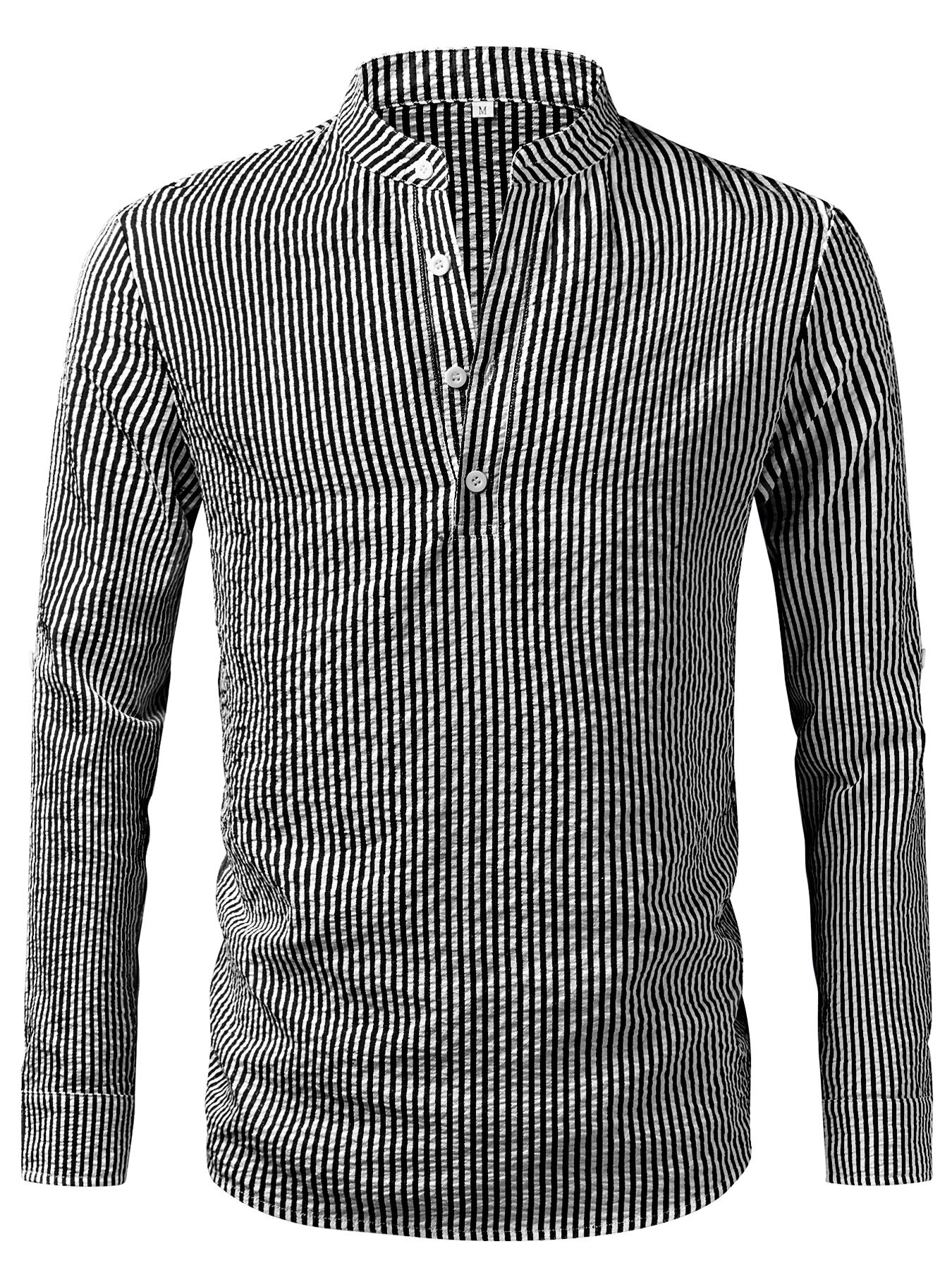 Men's Textured Random Print Blue Striped Open Collar Small Stand Collar Long Sleeve Casual Shirt Henry Style