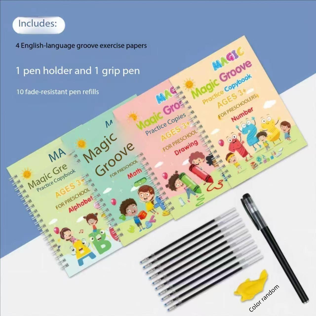 Magic Calligraphy Practice Book Set, Reusable Handwriting Copybook, Includes 4 Books, 1 Pen, 10 Refills, Random Grip Color