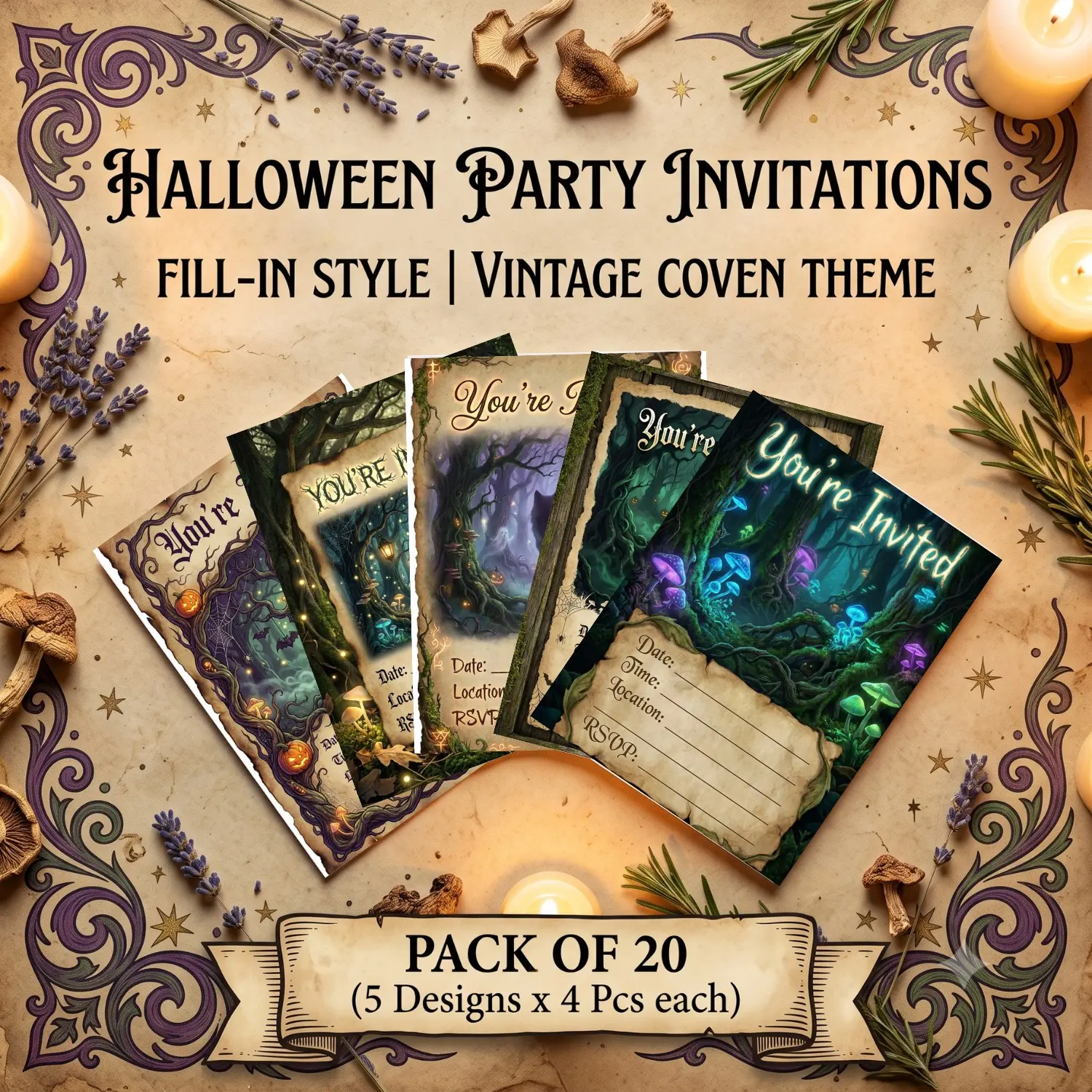 Enchanted Woods Halloween Party Invitations Set, 20 Pack 5x7 Inch Fill-In Cards with Envelopes, Greetings Card for Festive Events