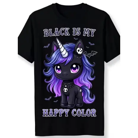 Cute Chibi Unicorn Black TShirt with Kawaii Skull Design Gothic Style Tee Featuring Purple Blue And Pink Hair Black Bats And White Stars Fashion Statement for Spooky And Cute Look AllSe2pure Cotton Breathable Sweat-wicking and Soft Suitable for Daily
