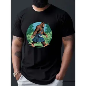 Men's Bigfoot Skirt Print T-Shirt - A humorous Bigfoot graphic tee with a Scottish design, lightweight and breathable fabric, regular fit, casual short-sleeved summer top, suitable for outdoor enthusiasts and nature-themed clothing.