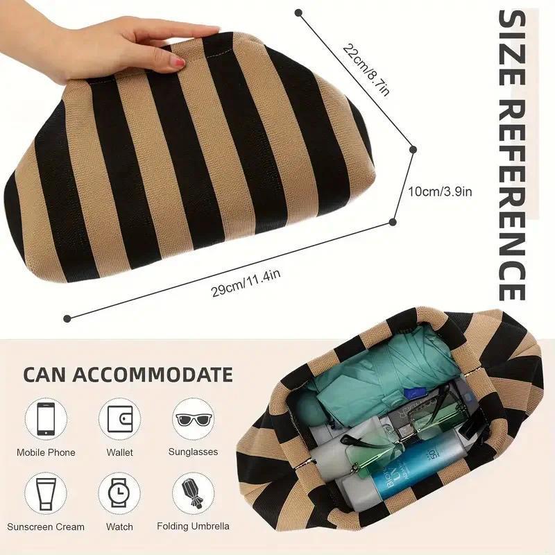 Women's Striped Woven Clutch Purse, Lightweight Compact Polyester Bag with Ruched Dumpling Design for Casual Wear, Stripes