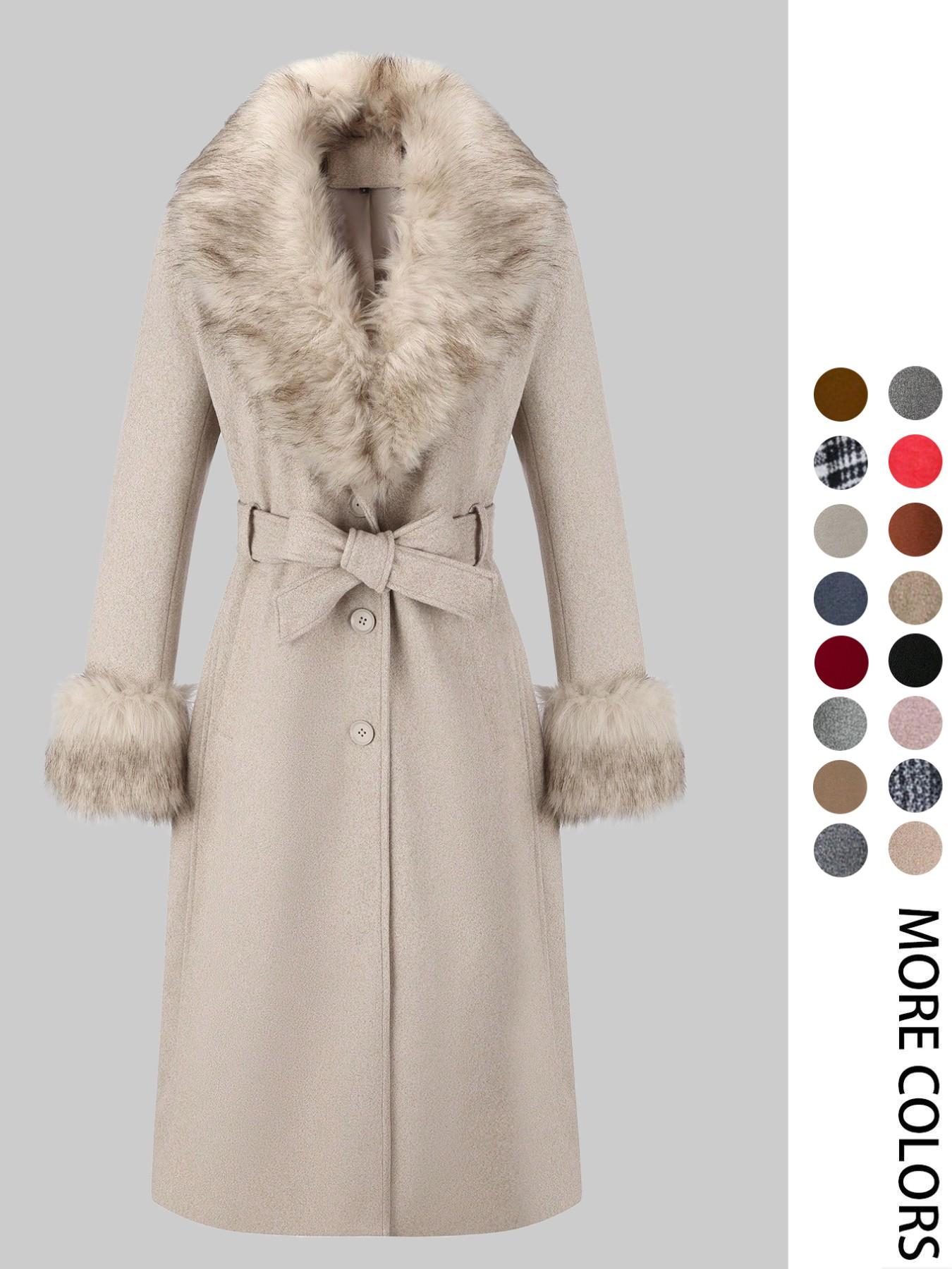Women's Fall Winter Mid-Length Solid Color Coat, Warm Fitted Coat with Fur Collar, Waist Belt & Pockets, Casual Style, Jackets, Outerwear