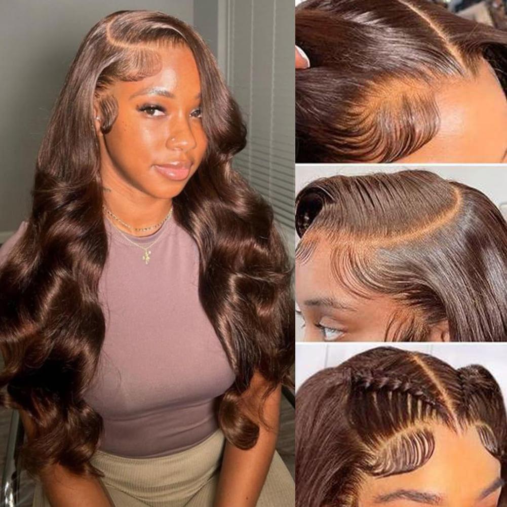 200% Density Chocolate Brown Human Hair Wigs 13x4 Body Wave Lace Front Wig Pre Plucked Chestnut Brown Colored Wigs Blended Hair For Women Light Brown HD Transparent Lace Front Wig