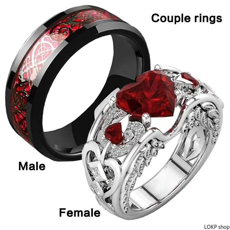 Eternal Heart Shaped Ring Set, New Ruby Women's Ring, Men's Ring, Unisex Celtic Dragon Ring, Couple Wedding Anniversary Engagement Promise Ring, Elegant Ring