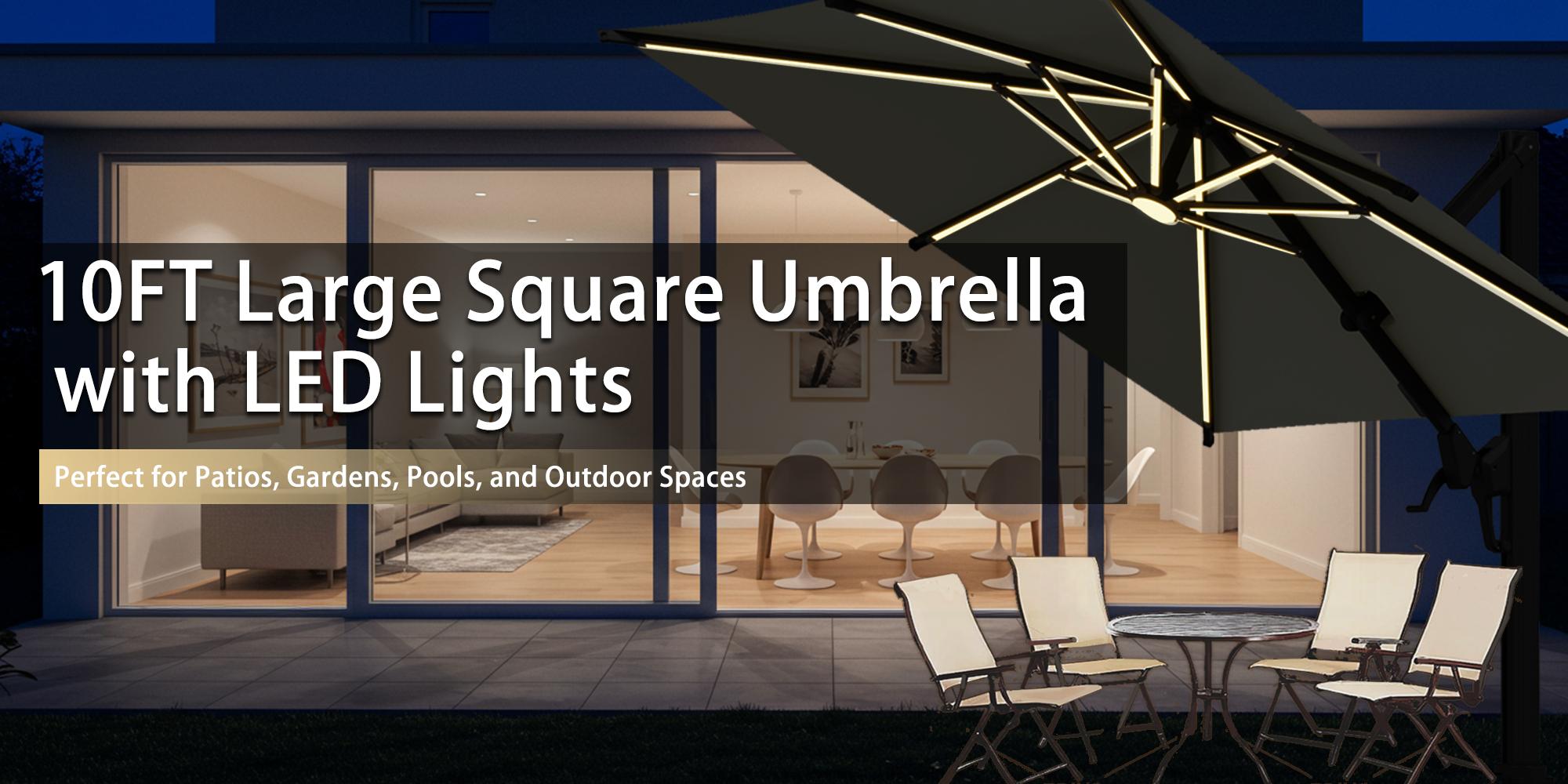 EROMMY 10x10ft Large Rectangular LED Cantilever Umbrella with 360° Rotation & 6 Adjustable Heights – Outdoor Patio Umbrella for Garden, Pool & Deck