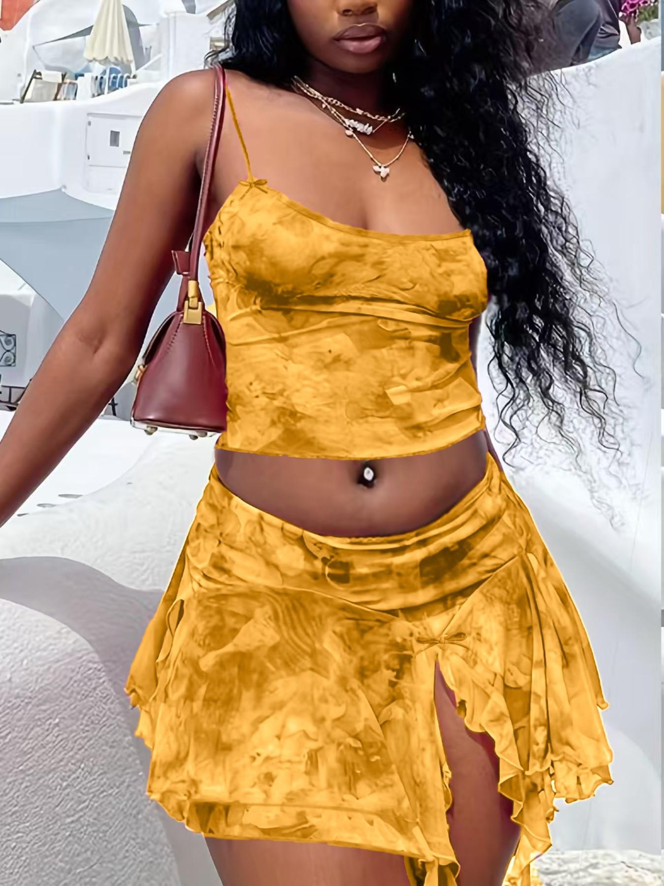 Women's Fashion Printed Vacation Beach Set, Sexy Backless Crop Top and Split Skirt Two-Piece Set, Trendy Summer