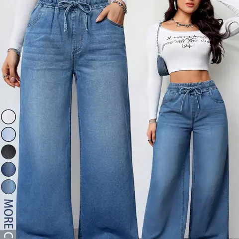 Women's Casual Elastic Waist Jeans With Pockets , Baggy Loose Fit Wide Leg Pants, Versatile Basic Denim, Comfortable and Stylish, Perfect for Everyday Wear