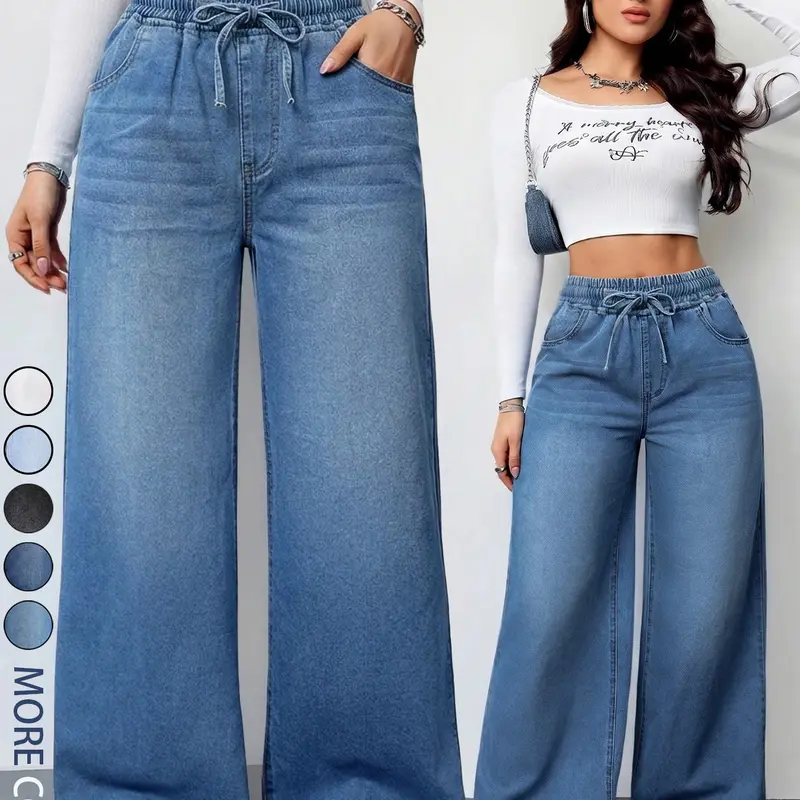 Women's Casual Elastic Waist Jeans With Pockets , Baggy Loose Fit Wide Leg Pants, Versatile Basic Denim, Comfortable and Stylish, Perfect for Everyday Wear