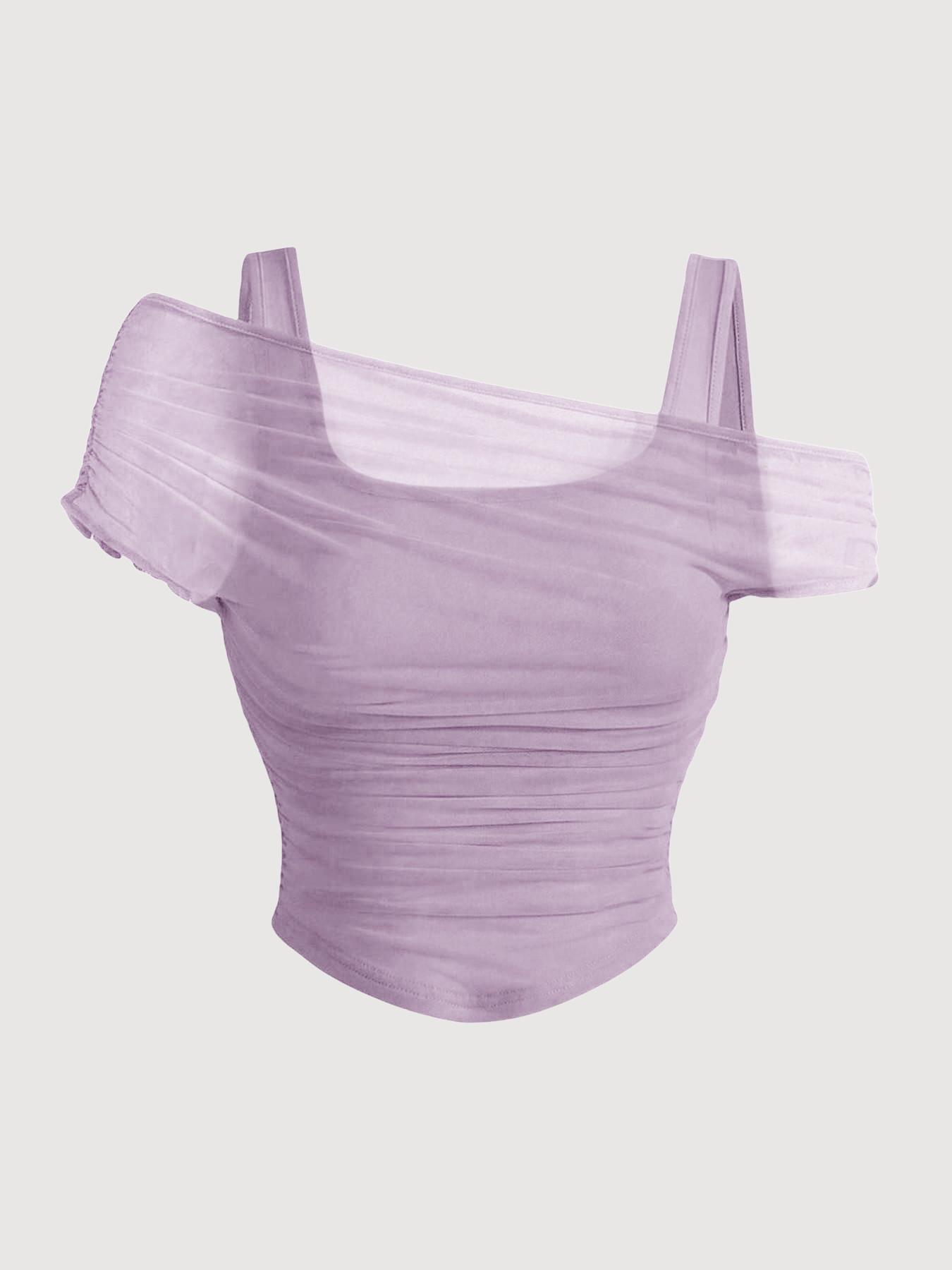 Women's Asymmetric Neckline Ruched Crop Top - Trendy Mesh Blouse for Club, Date Night & Vacation Women's Asymmetric Neckline Ruched Crop Top - Trendy Mesh Blouse for Club, Date Night & Vacation