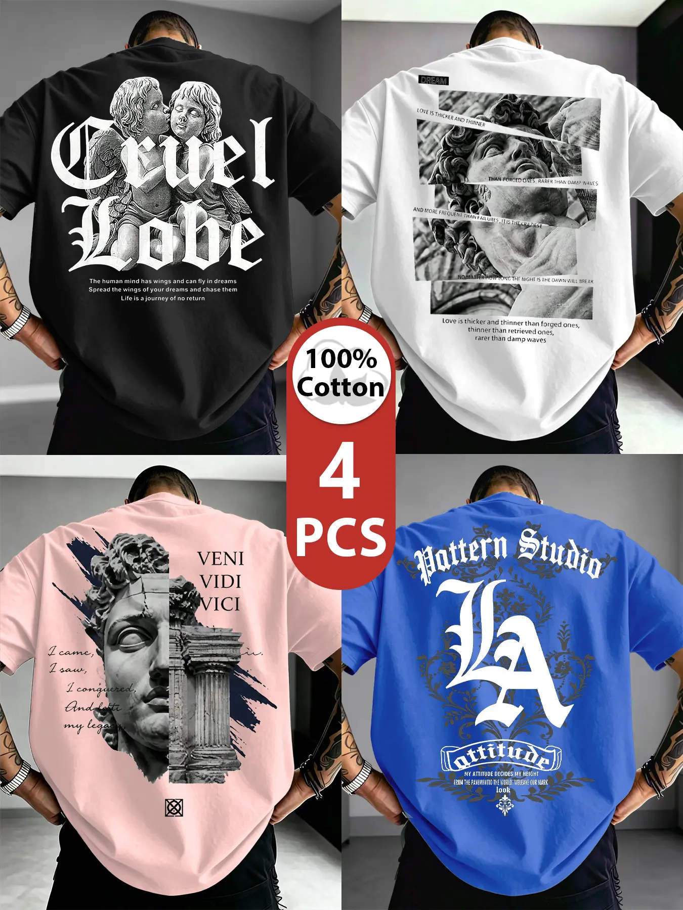 Men's High-Quality 100% Cotton T-Shirt 4-Pack, Fashionable Angel Letter Print, Round Neck, Loose-Fit, Casual Wear for Outdoor Activities, Cool Graphic Tee