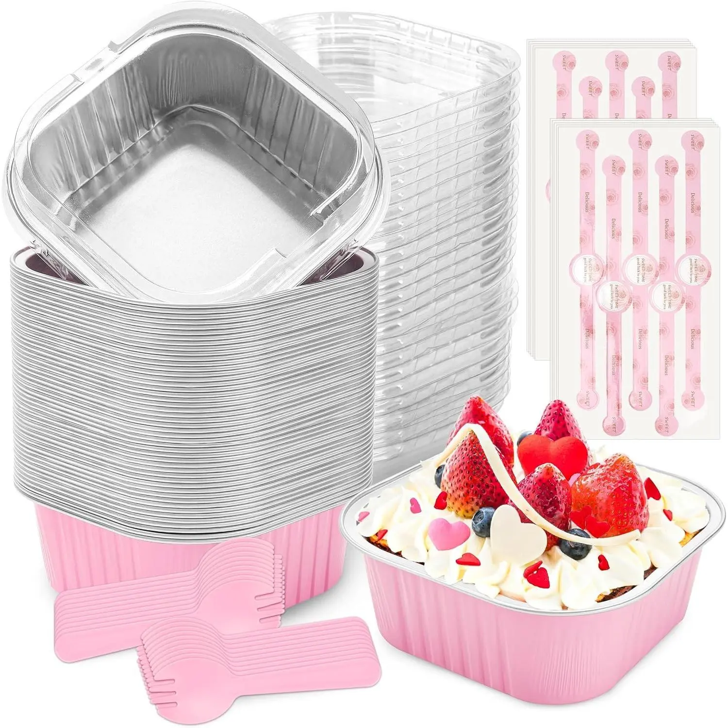 60-Pack Pink 10 oz Mini Aluminum Disposable Loaf Bakeware Pans with Lids, Cupcake Liners for Pudding, Souffle, Party