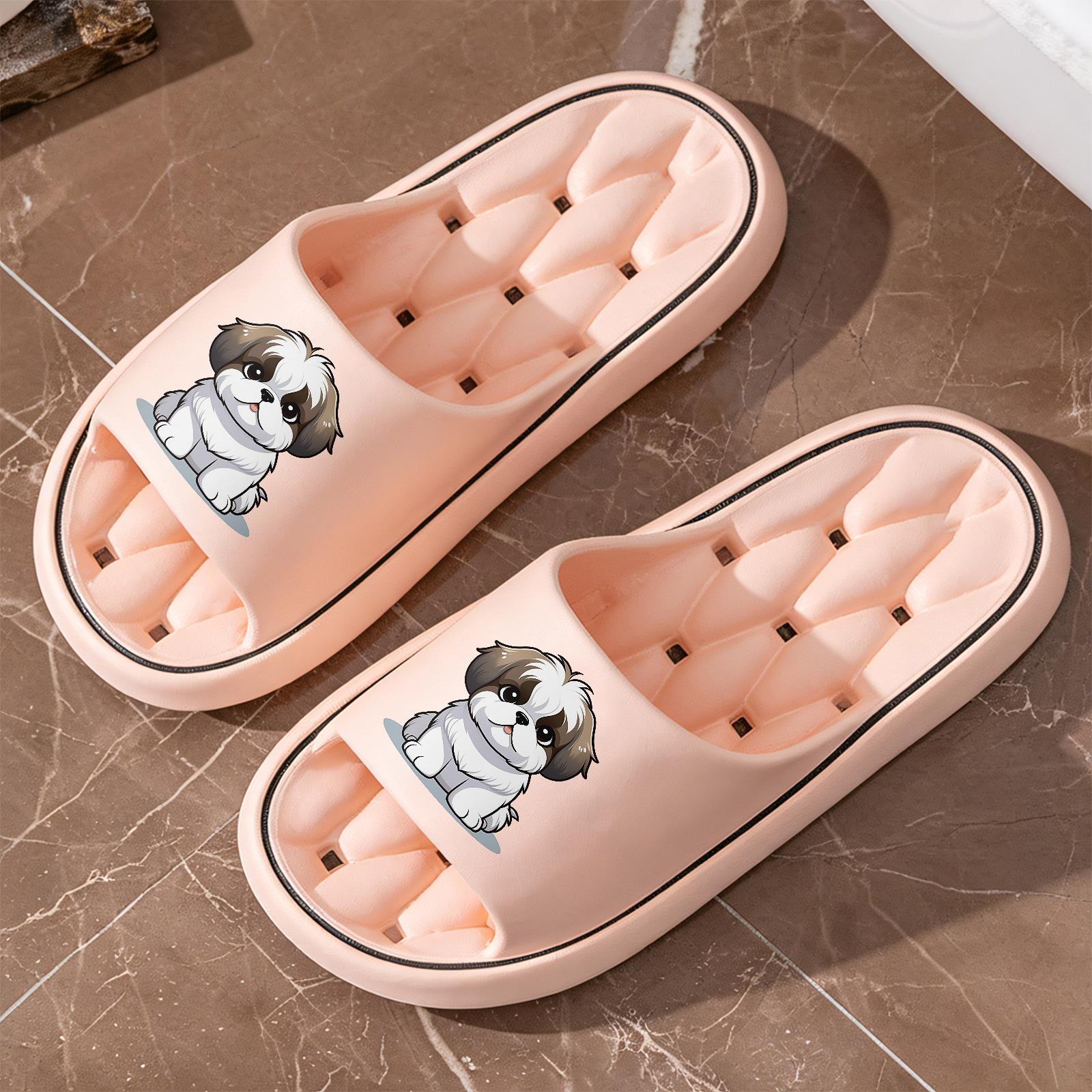 Cute Shih Tzu Print Quick-Dry Hollow Out Slide Slippers, Non-Slip Bathroom Shower Shoes, Soft Cushioned Home Sandals for Dog Lovers