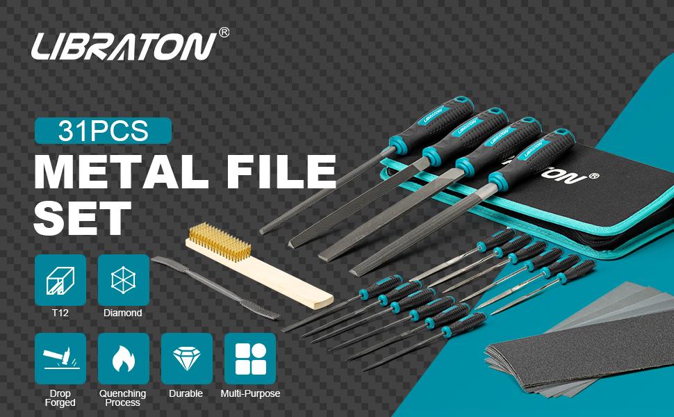 LIBRATON 31PCs Metal File Set with 12 Needle Files, Riffler File, Sandpapers, Steel Brush & Zipper Bag for Wood & Metalworking Hand Tools Hardware Heavy Duty