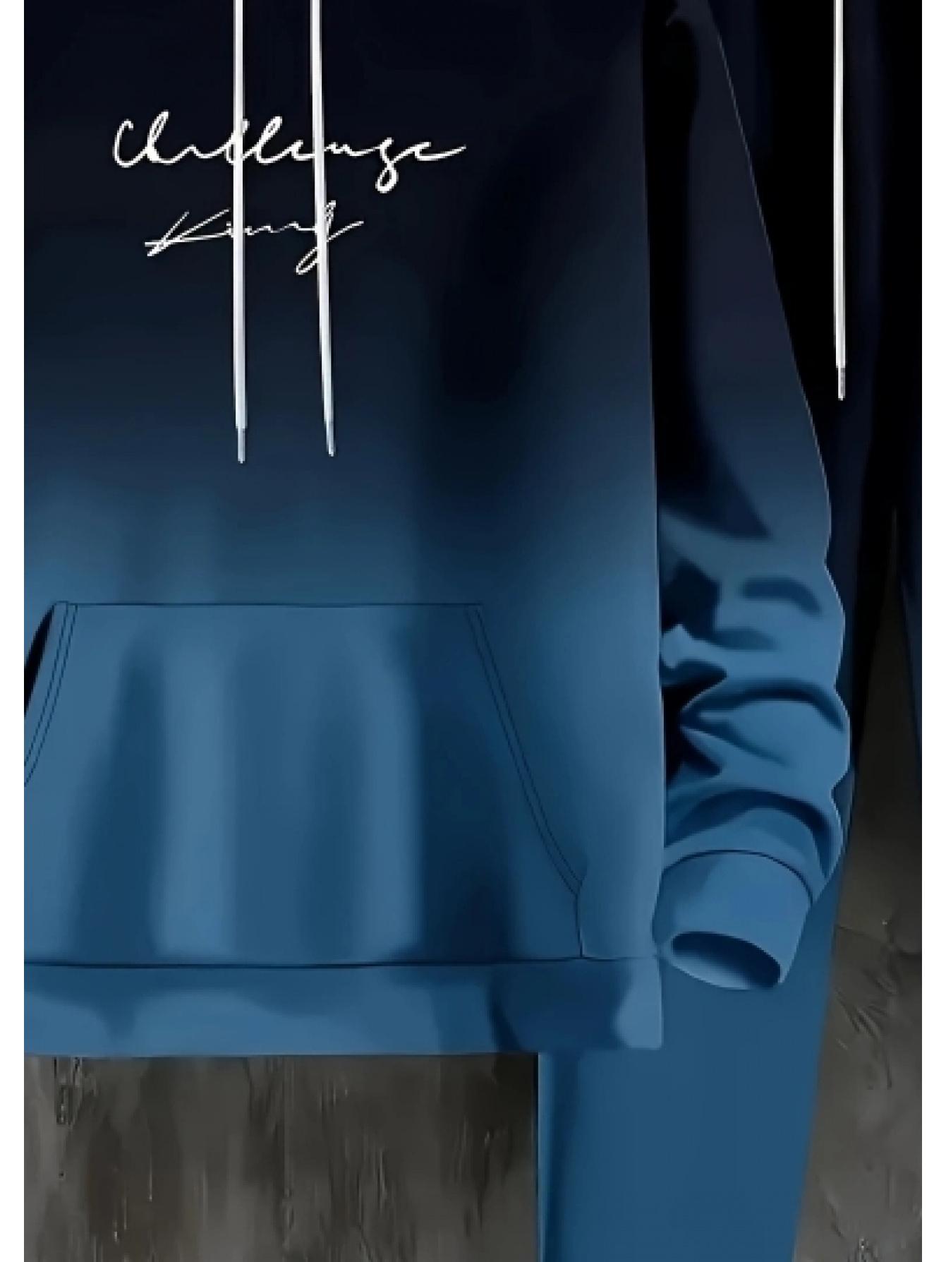 2-pack Men's Casual Suit, Gradient Blue and Black, Letter Print Hoodie and Sweatpants, Autumn and Winter Fashion