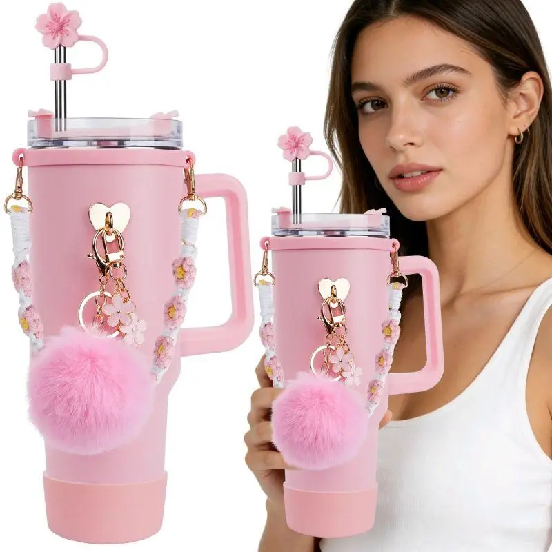 SOGLLQAM Cup Accessories for Stanley 40/30 oz Tumbler, 7PCS Decoration Set with Straw Topper, Cup Charms, Silicone Boot & Chain Strap holiday present summer gift