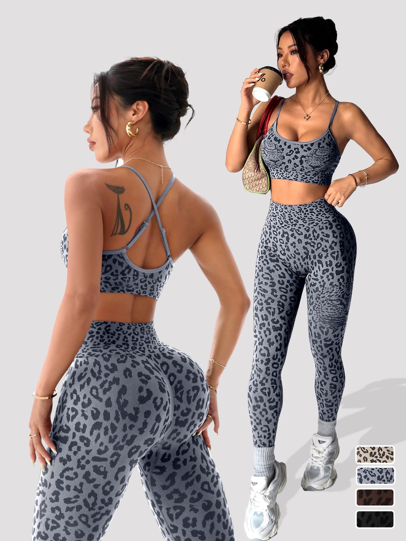 Women's Spring Summer Leopard Print Two-Piece Set, Fitted Sportswear Set, Matching Bodycon Athletic Workout Set, Athletic Clothing Set, Adjustable Straps Backless Top + High Waist Tummy Control Nine-Point Tight Yoga Pants