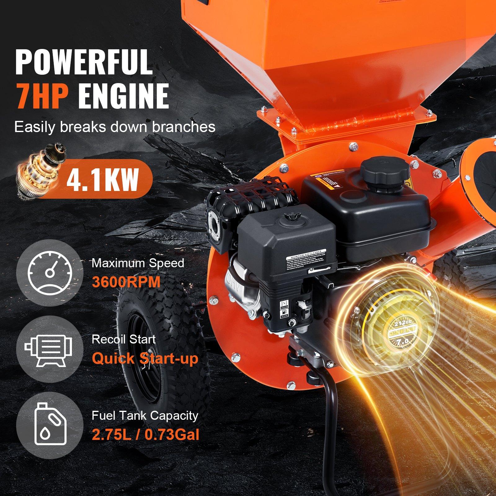 VEVOR Wood Chipper Shredder Mulcher, 7HP Heavy Duty Gas Powered Engine, 3 Max Diameter 212cc 4.1 kW, 4-Stroke 3-in-1 Woodchipper, Fast Chipping Chopping for Forestry, Gardens, EPA Certified