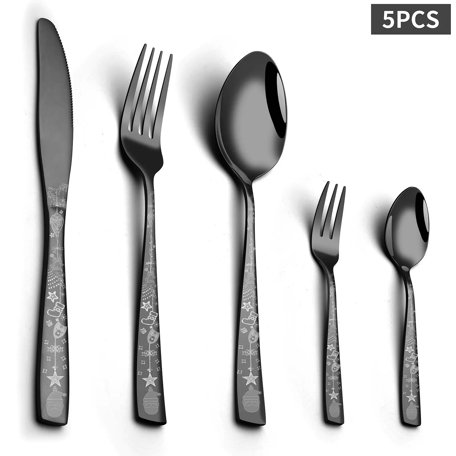 5-piece Stylish black square-handle stainless steel Christmas cutlery set - includes dinner knife, fork, spoon, coffee spoon, and tea fork - great for home or restaurant use, perfect for gifting at Christmas parties, dishwasher safe.