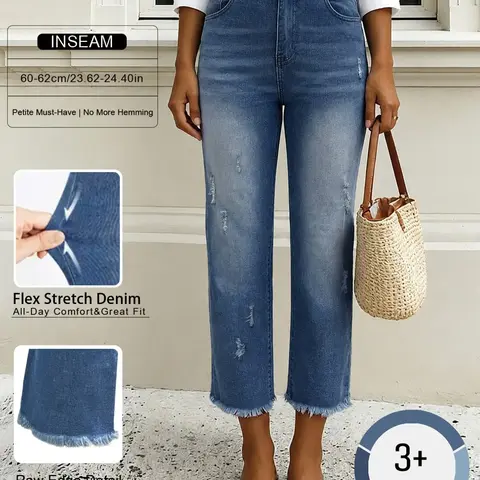 Women's Ripped Straight Leg Capri Jeans, Four-Season Casual Denim Jeans, Elastic Fabric, Fitted H-Type, Plain Surface, Batch 20260801