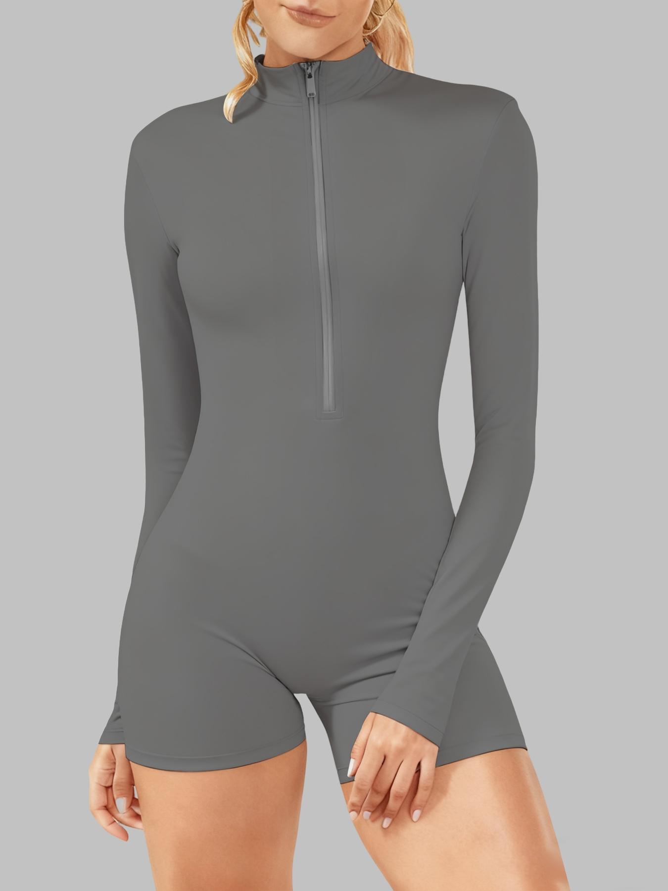 Women's Long Sleeve Zipper Stand Collar Yoga Pantsuit, High Elasticity Soft Fabric, Sporty Above-The-Knee Design for Fall & Winter, Workout Jumpsuit