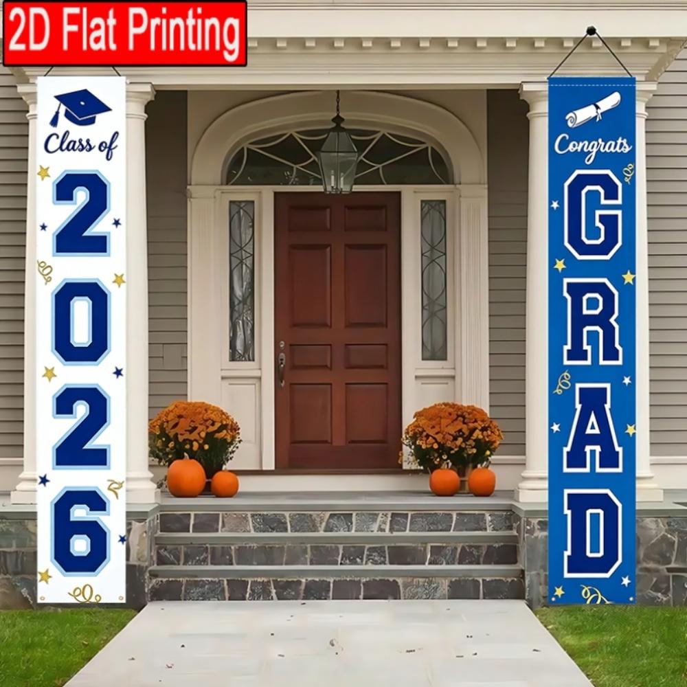 2DFlat2pcs 2026 Class  Graduation Door Banner, Blue and White Color Scheme with Grad Cap, Diploma and Star Elements, Ideal for 2026 Graduation Ceremony, Grad Party, Appreciation Dinner, School Celebration, Also as Porch or Wall Hanging,