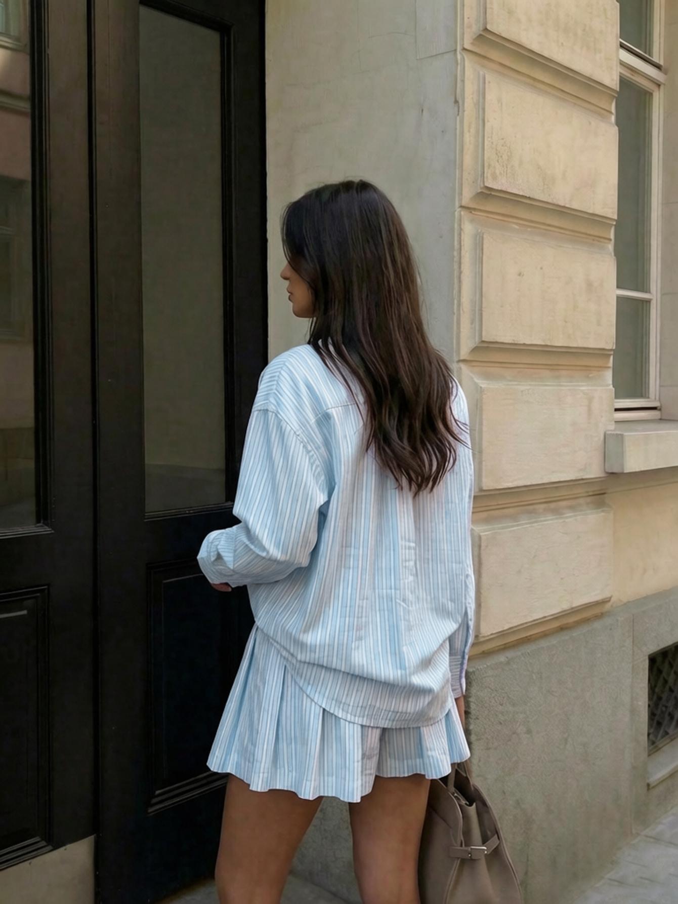 Women's Summer Comfortable Chic Striped Pocket Button-Front Shirt and Shorts Set for Daily Wear Fashion Style Sets