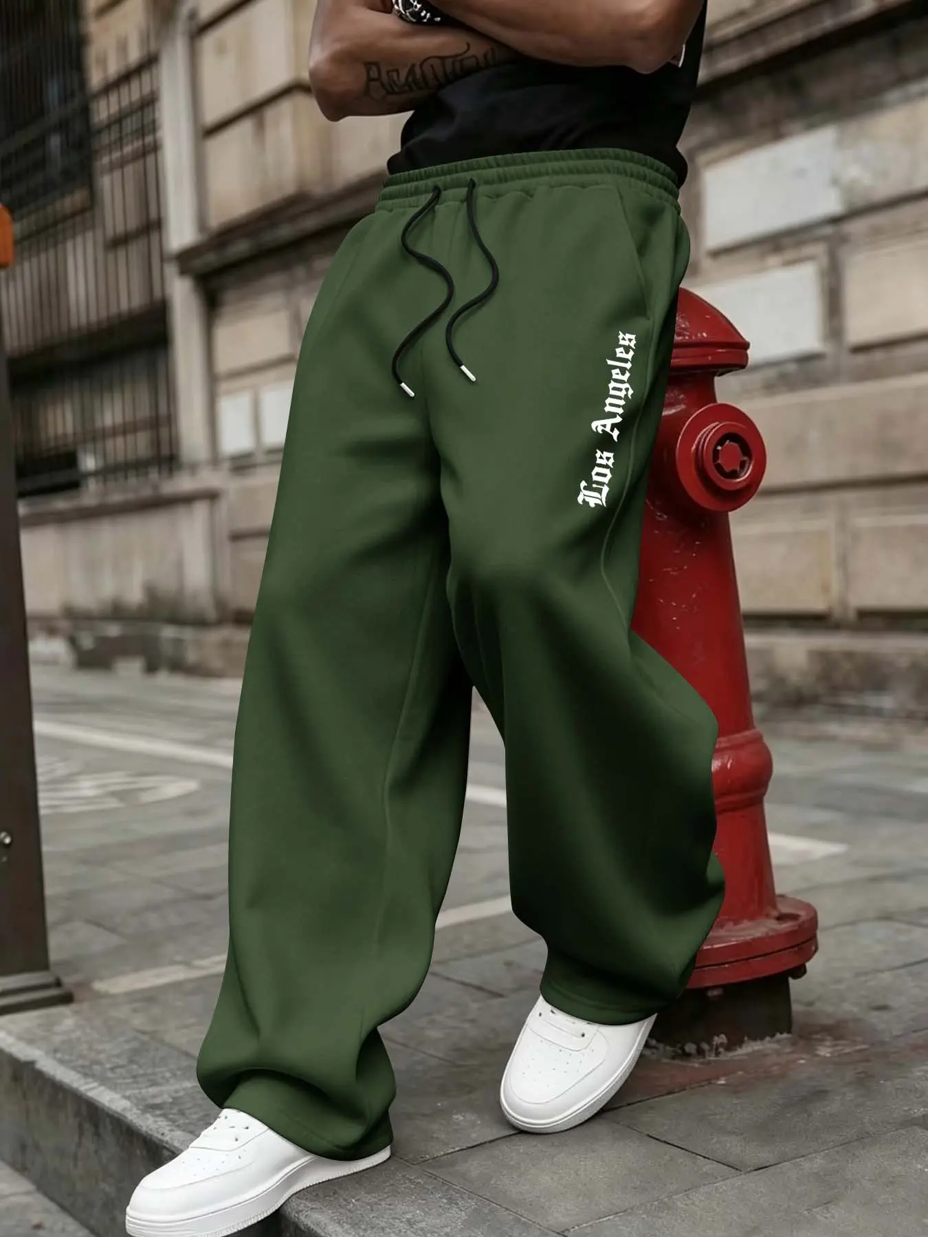 Men's Wide Leg Sweatpants, Gothic Los Angeles Letter Print, Loose Fit Drawstring Long Pants, Casual Fall & Winter Fashion