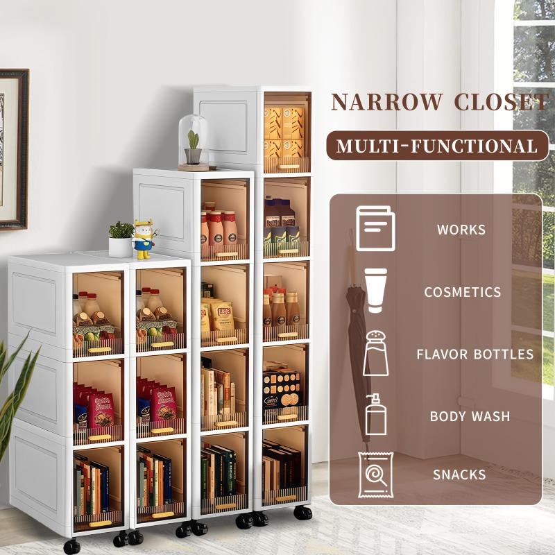 This is a multi-functional storage cabinet, available in 3, 4, or 5 tiers. It is designed to be dust-proof and foldable. Equipped with pull-out shelves and covered storage boxes, it is ideal for organizing snacks, clothes, and books.