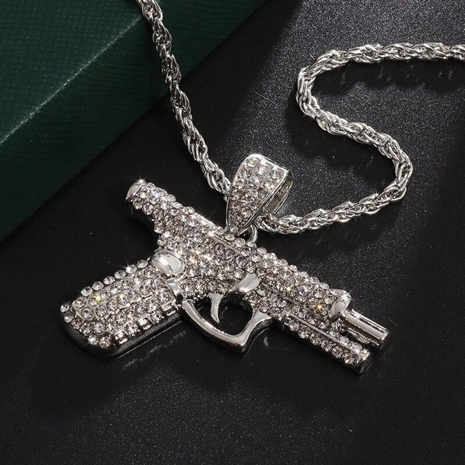 Men's Iced Out Cuban Link Chain with Rhinestone Pistol Pendant, Hip Hop Bling Necklace for Daily Casual Wear