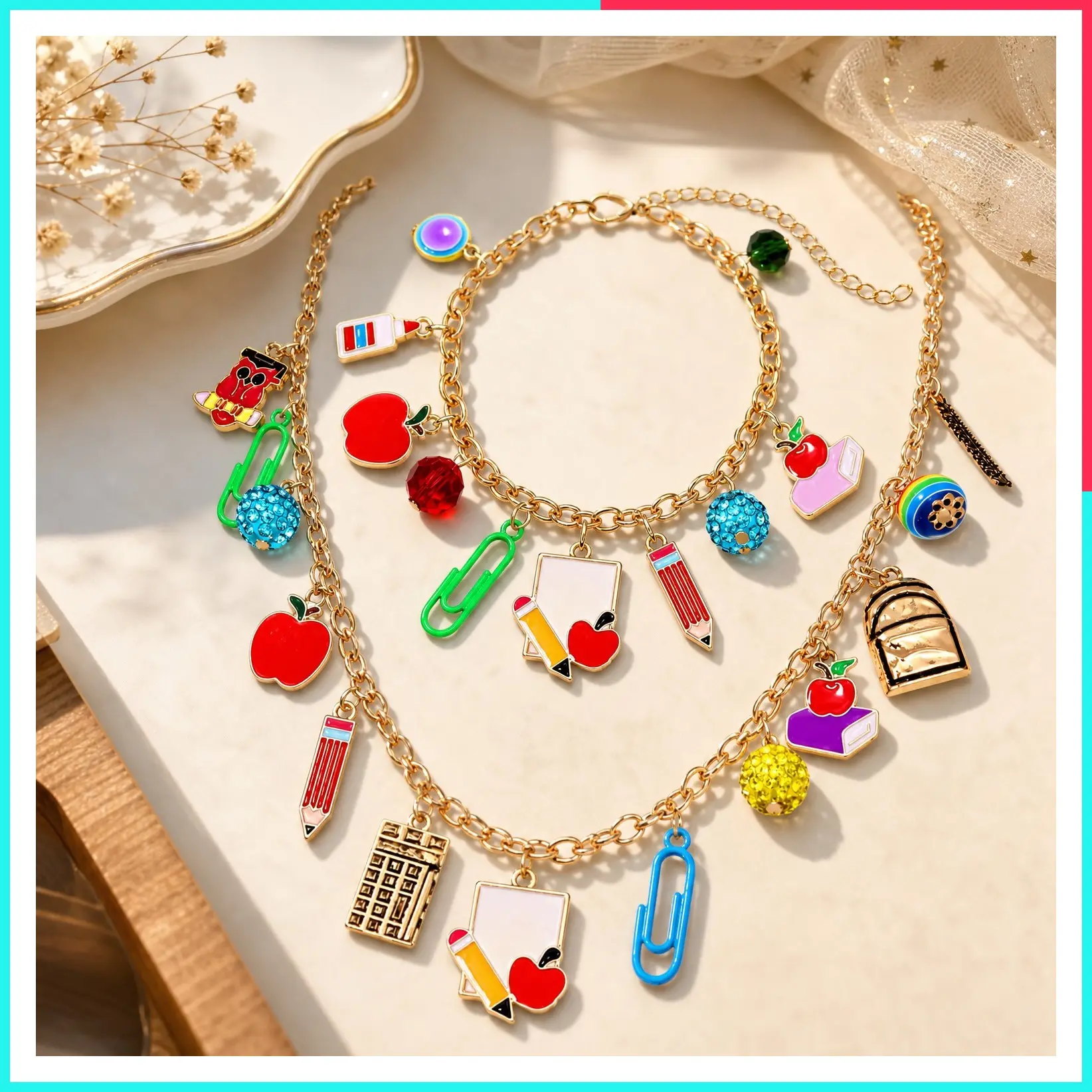 Teacher Jewelry Set for Women, Cute Apple Pencil Book Charm Necklace Earrings Bracelet, Teacher Appreciation Gifts, Back to School Accessories