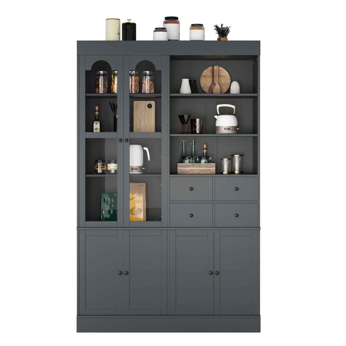 [Assembly Video Provided]  47.2x15.7x75inch Freestanding Buffet with Hutch, Tall Kitchen Pantry Cabinet with 4 Drawers, Door Shelves and Pull-out Trays for Dining room, Living Room, Gray