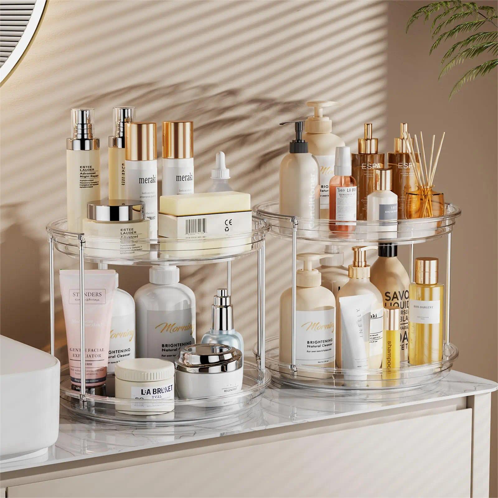 2-Tier Rotating Makeup Organizer, Lazy Susan Perfume Organizer Bathroom Organizer, Spinning Skincare Organizer, Cosmetic Display Case with Brush Holder Perfume Tray, Multi-Function Storage Carousel for Vanity Bathroom Countertop