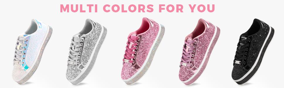 LUCKY STEP Women's Platform Glitter Sneakers Sparkly Bling Shiny Dressy Bedazzled Wedding Bridal Fashion Walking Shoes with Non-Slip TPR Outsole & Rhinestone Embellished